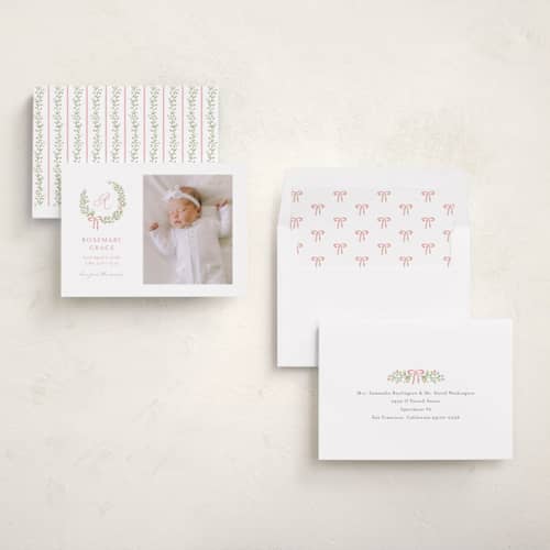 This is a watermelon birth announcements with standard by Katherine Moynagh called sweet monogrammed wreath printing on recycled smooth signature in standard
