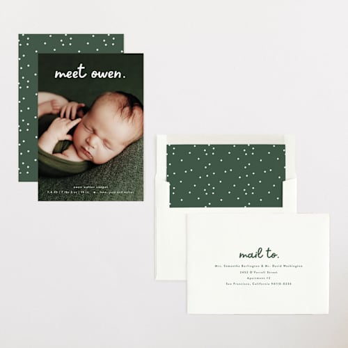 This is a snow birth announcements with standard by Lauren Chism called meet cute printing on recycled smooth signature in standard