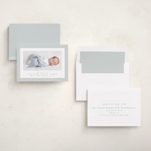 This is a powder birth announcements with standard by Lea Delaveris called linen frame printing on recycled smooth signature in standard