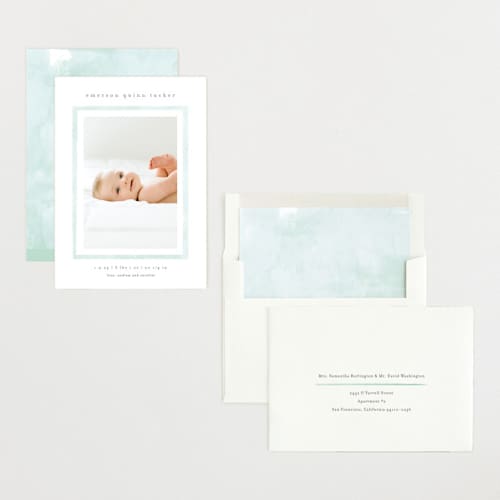 This is a mint birth announcements with standard by Lauren Chism called golightly printing on recycled smooth signature in standard