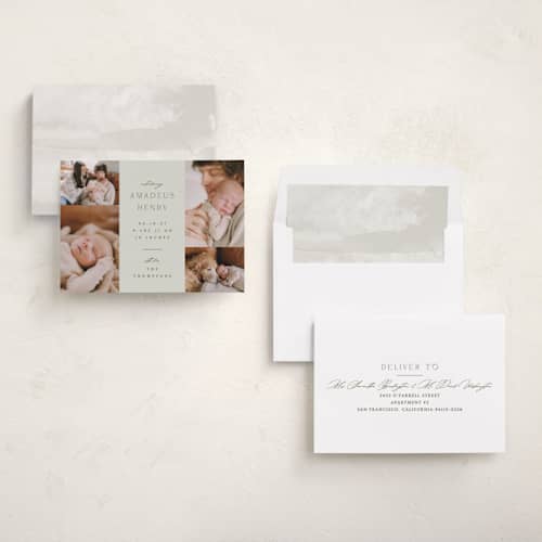 This is a boho neutral birth announcements with standard by Ana Sharpe called photo stack printing on recycled smooth signature in standard