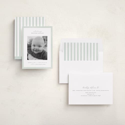 This is a sea salt birth announcements with standard by Pixel and Hank called story printing on recycled smooth signature in standard