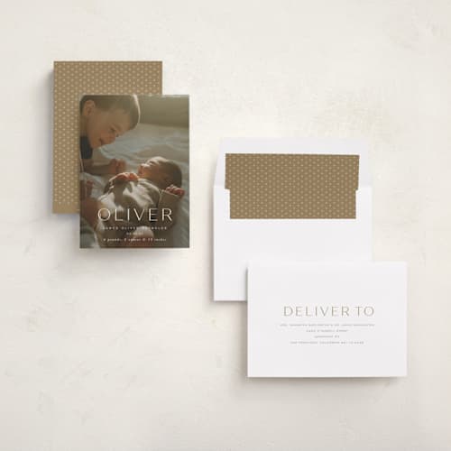 This is a dew birth announcements with standard by Sara Hicks Malone called moondance printing on recycled smooth signature in standard