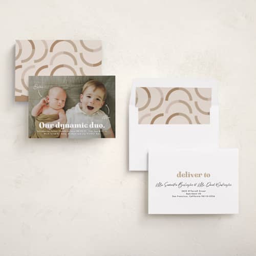 This is a cotton birth announcements with standard by Corinne Malesic called dynamic duo printing on recycled smooth signature in standard