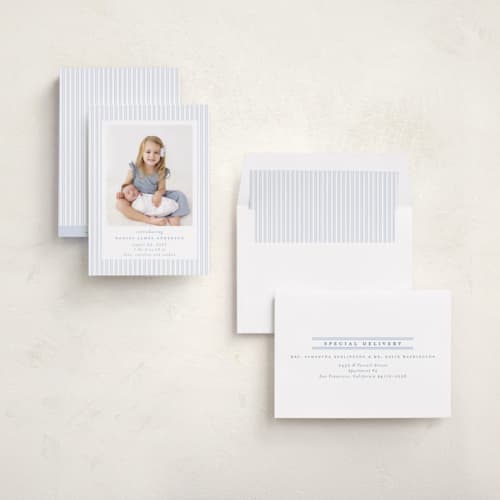 This is a sky birth announcements with standard by Jennifer Holbrook called pinstripe frame printing on recycled smooth signature in standard