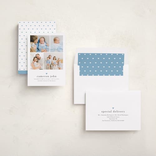 This is a bluebird birth announcements with standard by Melanie Kosuge called loveable printing on recycled smooth signature in standard