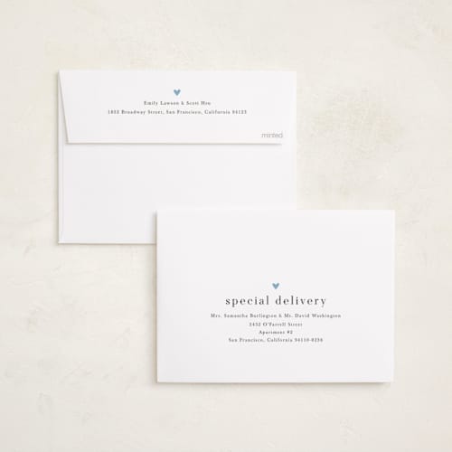 This is a bluebird birth announcements with standard by Melanie Kosuge called loveable printing on recycled smooth signature in standard