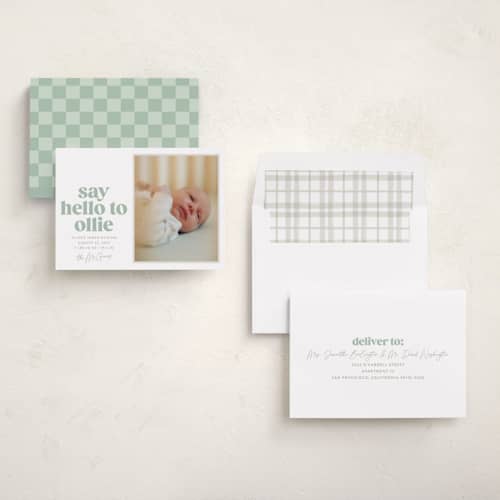 This is a mint birth announcements with standard by Robert and Stella called clarke printing on recycled smooth signature in standard