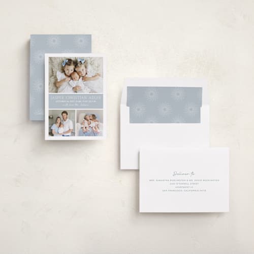 This is a bluebell birth announcements with standard by Vanessa Doyle called color block printing on recycled smooth signature in standard