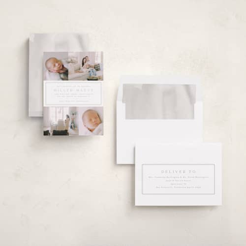 This is a latte birth announcements with standard by Kristie Kern called camden printing on recycled smooth signature in standard