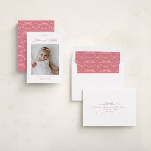 This is a petal birth announcements with standard by Kelly Watkins called nostalgic printing on recycled smooth signature in standard
