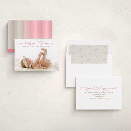 This is a flamingo birth announcements with standard by Jackie Crawford called tiny bow script printing on recycled smooth signature in standard