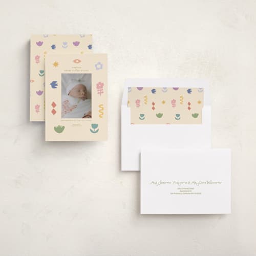 This is a confetti birth announcements with standard by Rina Ozum called scandi folk printing on recycled smooth signature in standard