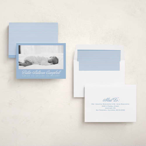 This is a chambray birth announcements with standard by Megan Davis called chambray printing on recycled smooth signature in standard