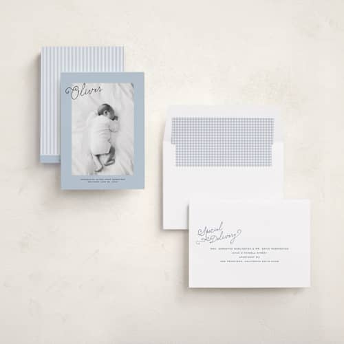 This is a powder birth announcements with standard by Jenna Holcomb called nostalgic handwriting printing on recycled smooth signature in standard