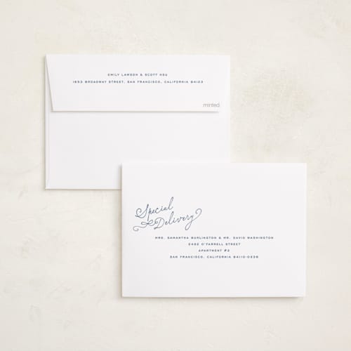 This is a powder birth announcements with standard by Jenna Holcomb called nostalgic handwriting printing on recycled smooth signature in standard