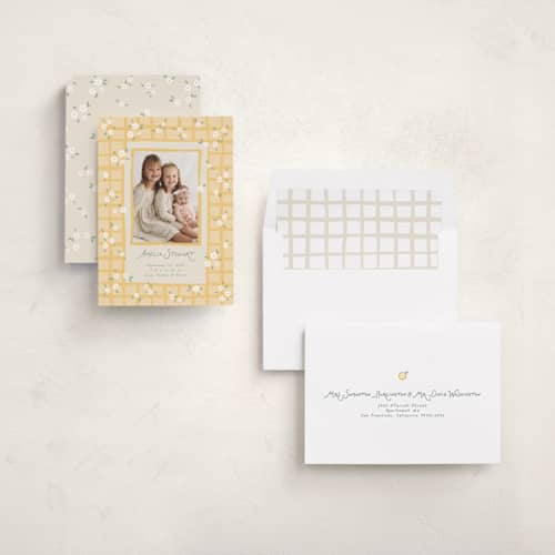 This is a daisy birth announcements with standard by Dani Lugato called garden trellis printing on recycled smooth signature in standard