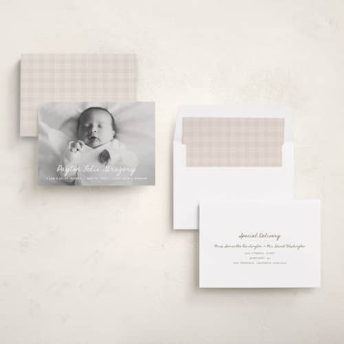 This is a milk birth announcements with standard by chocomocacino called cassatina printing on recycled smooth signature in standard