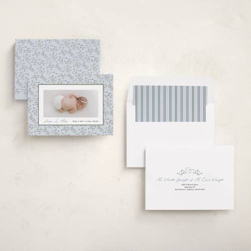 This is a powder birth announcements with standard by Kate Ahn called ditsy floral frame printing on recycled smooth signature in standard