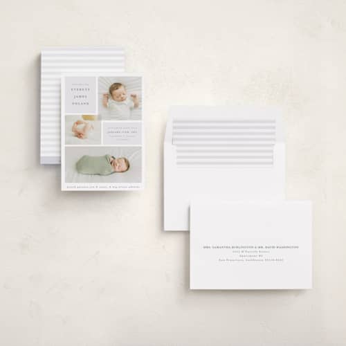 This is a dusty blue birth announcements with standard by Julie Murray called love multiplies printing on recycled smooth signature in standard