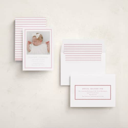 This is a petal birth announcements with standard by Emily Betts called sweetest scallop printing on recycled smooth signature in standard