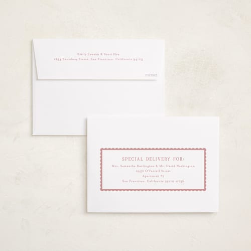 This is a petal birth announcements with standard by Emily Betts called sweetest scallop printing on recycled smooth signature in standard