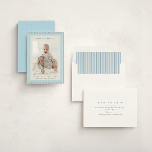 This is a powder blue birth announcements with standard by Jackie Crawford called modern striped frame printing on recycled smooth signature in standard