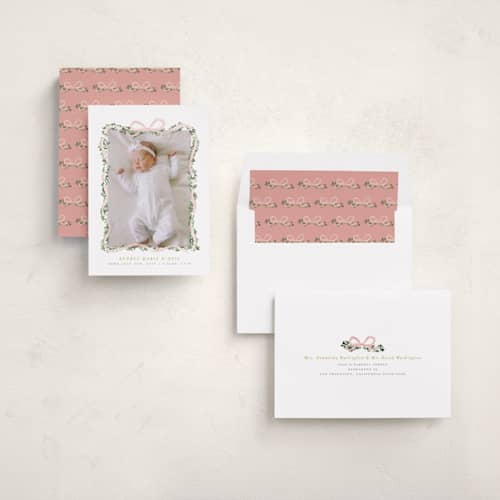 This is a blush birth announcements with standard by Itsy Belle Studio called ribbonly frame printing on recycled smooth signature in standard