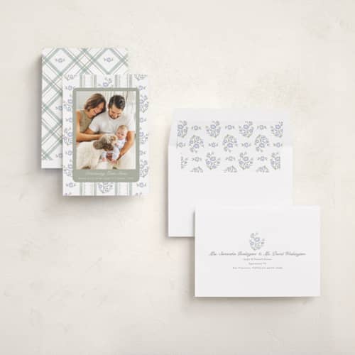 This is a periwinkle birth announcements with standard by Jackie Crawford called cottage watercolor ribbon printing on recycled smooth signature in standard