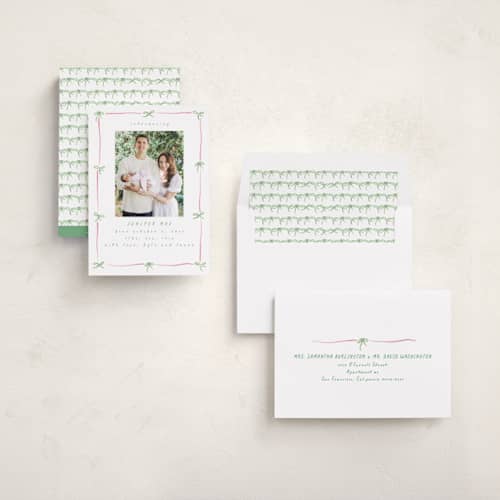 This is a candy birth announcements with standard by Susan Zinader called preppy bow border printing on recycled smooth signature in standard