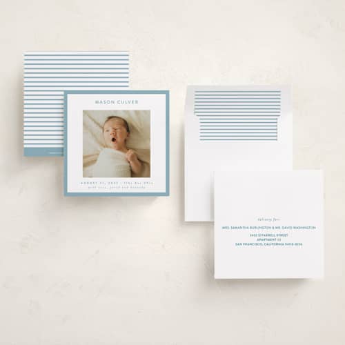This is a sky birth announcements with standard by JoAnn Jinks called square printing on signature in standard