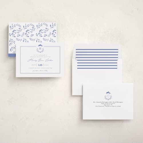 This is a cobalt blue birth announcements with standard by Susan Brown called classic baby monogram printing on signature in standard