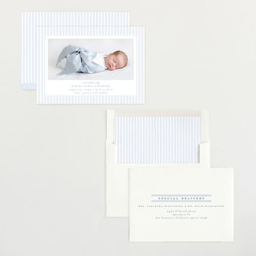 This is a sky birth announcements with standard by Jennifer Holbrook called pinstripe frame printing on recycled smooth signature in standard