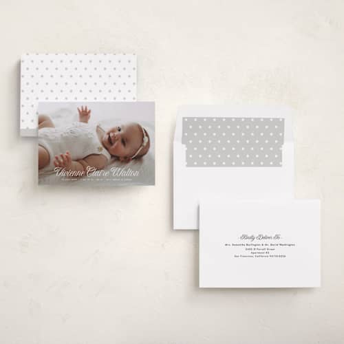 This is a cloud birth announcements with standard by Shirley Lin Schneider called sweet beginning printing on recycled smooth signature in standard
