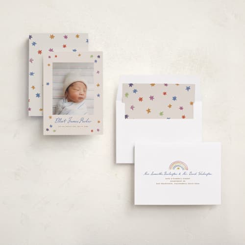 This is a rainbow birth announcements with standard by Maja Cunningham called starlight printing on recycled smooth signature in standard