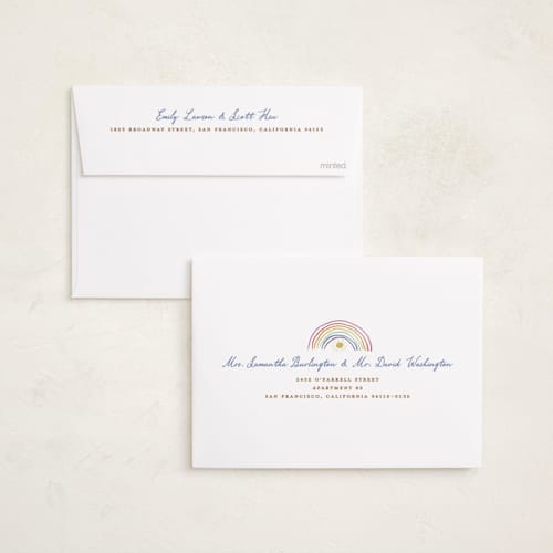 This is a rainbow birth announcements with standard by Maja Cunningham called starlight printing on recycled smooth signature in standard