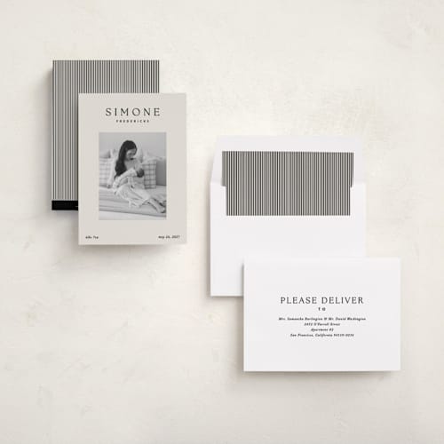 This is a noir birth announcements with standard by Jackie Crawford called simone printing on recycled smooth signature in standard