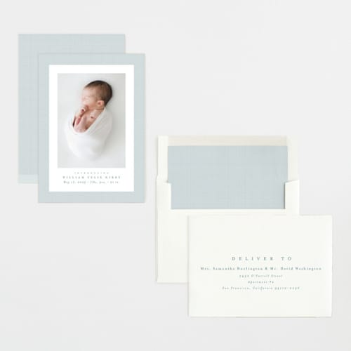 This is a powder birth announcements with standard by Lea Delaveris called linen frame printing on recycled smooth signature in standard
