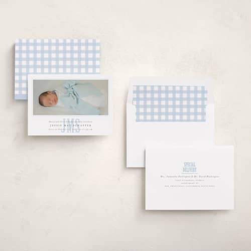 This is a sky birth announcements with standard by Erin Hodges called classic monogram printing on recycled smooth signature in standard