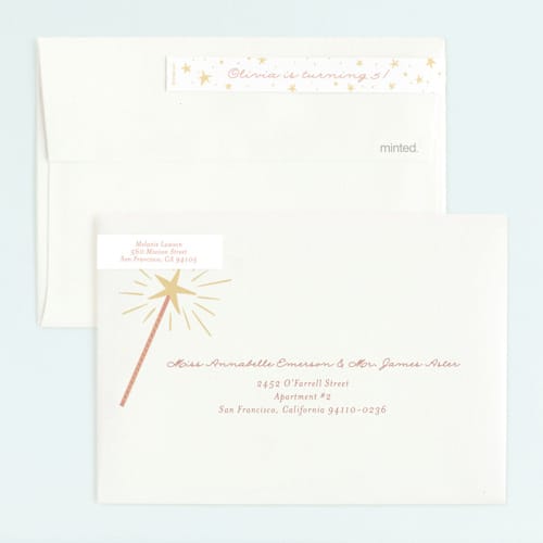 This is a cotton candy kids birthday invitations with foil pressed by Jackie Crawford called magical wand printing on signature in standard