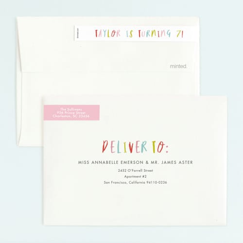 This is a bubblegum kids birthday invitations with foil pressed by Stacey Meacham called confetti bash printing on recycled smooth signature in standard