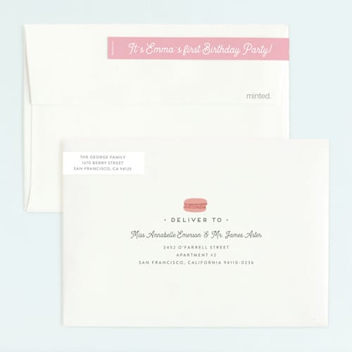 This is a mist kids birthday invitations with foil pressed by Jennifer Lew called macaron parlor printing on signature in standard