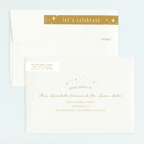 This is a gold kids birthday invitations with foil pressed by Angela Garrick called pixie printing on recycled smooth signature in standard