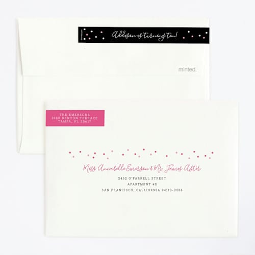 This is a raspberry kids birthday invitations with foil pressed by Kelly Nasuta called dance party printing on signature in standard