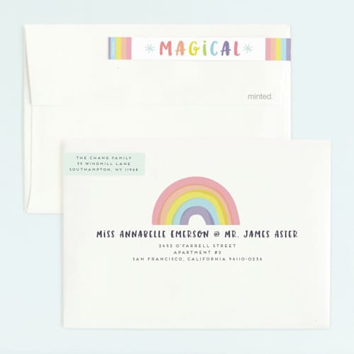 This is a bubblegum kids birthday invitations with foil pressed by peetie design called unicorno printing on signature in standard