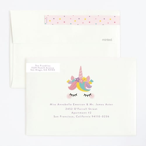This is a strawberry kids birthday invitations with foil pressed by Annie Holmquist called sweet unicorn printing on signature in standard