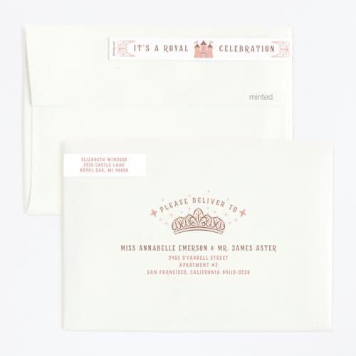 This is a ballerian pink kids birthday invitations with foil pressed by Paper Sun Studio called princess carriage printing on recycled smooth signature in standard