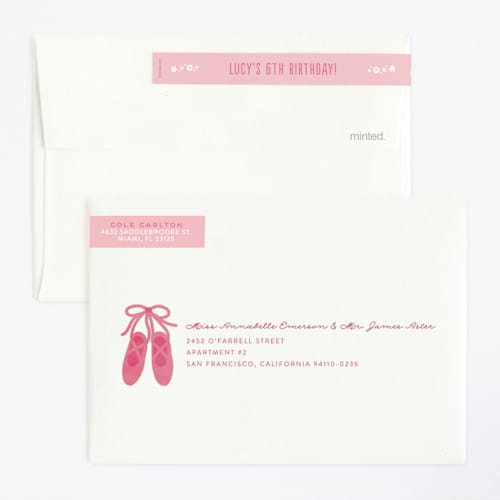 This is a bubblegum kids birthday invitations with foil pressed by Jen Banks called let's plie printing on signature in standard