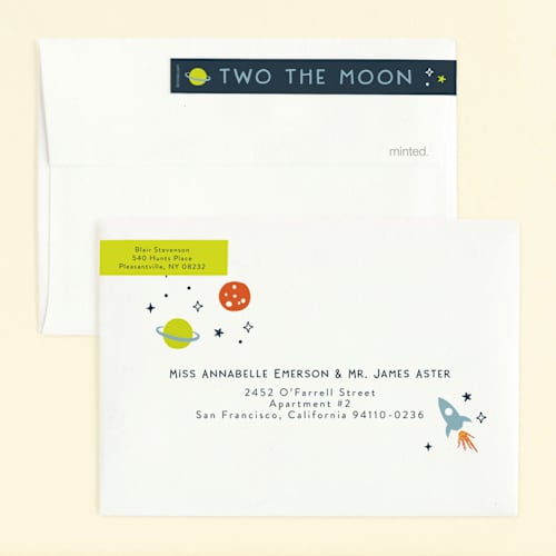 This is a midnight kids birthday invitations with foil pressed by Annie Holmquist called two the moon printing on signature in standard
