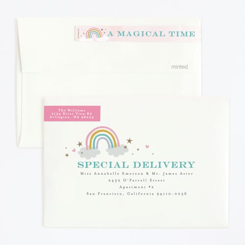 This is a cotton candy kids birthday invitations with foil pressed by Karidy Walker called magical unicorns printing on signature in standard